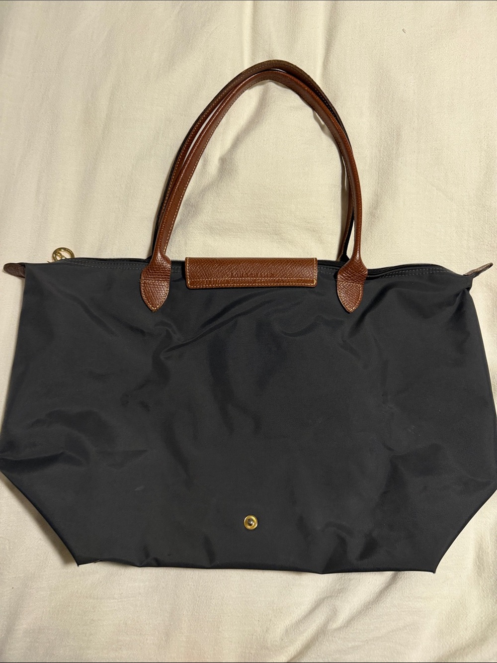 Longchamp Navy Nylon Tote with Brown Leather Trim - Picture 2 of 7